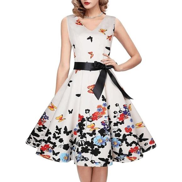 🦋 Pinup Retro Vintage 1950s Butterfly Floral Print Tea Dress with Belt SIZE L N - Picture 2 of 16